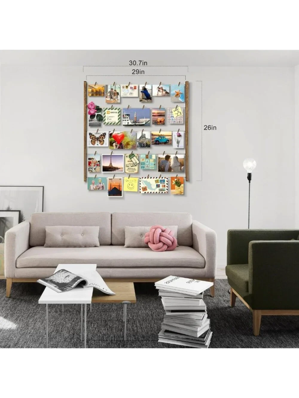 Collage Wall Decor with 30 Clips, 5 Adjustable Twines for Photos & Art Prints